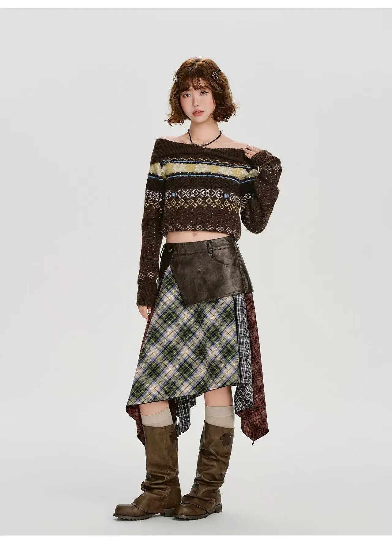 Leather Contrast Check Mini Skirt    OL1909