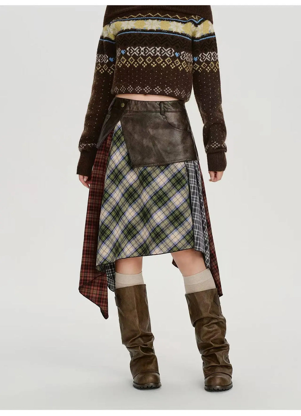 Leather Contrast Check Mini Skirt    OL1909