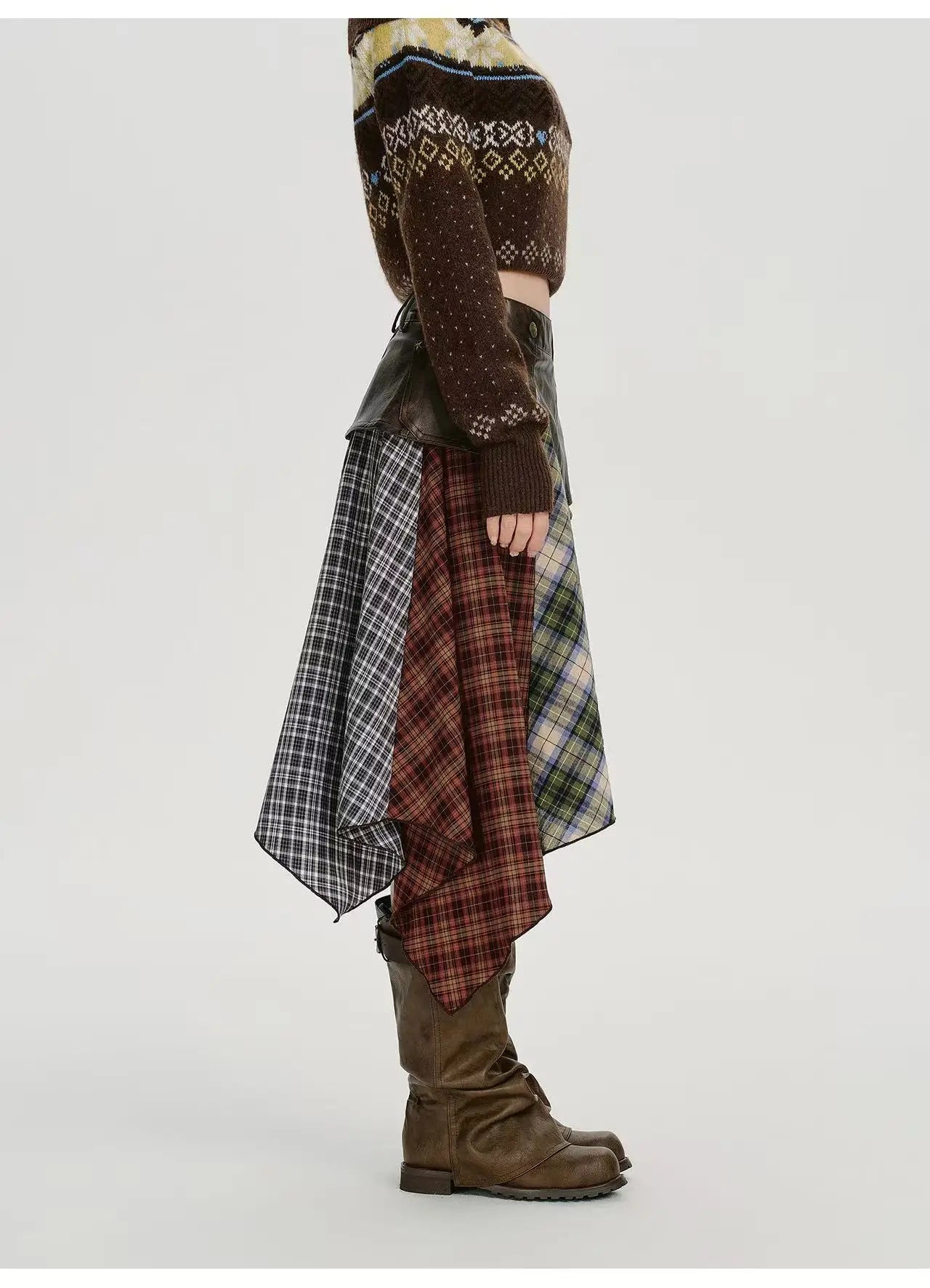 Leather Contrast Check Mini Skirt    OL1909