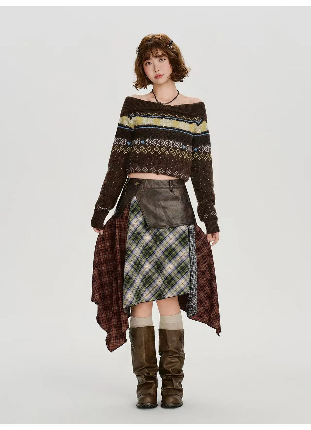 Leather Contrast Check Mini Skirt    OL1909