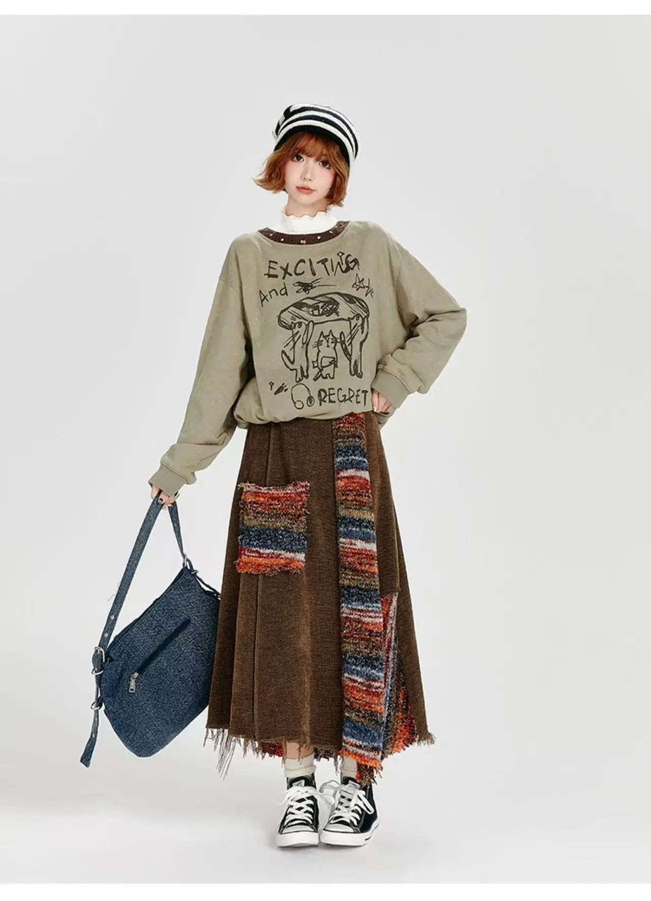 Color Sand × Retro Contrast Irregular Midi Skirt    OL1910