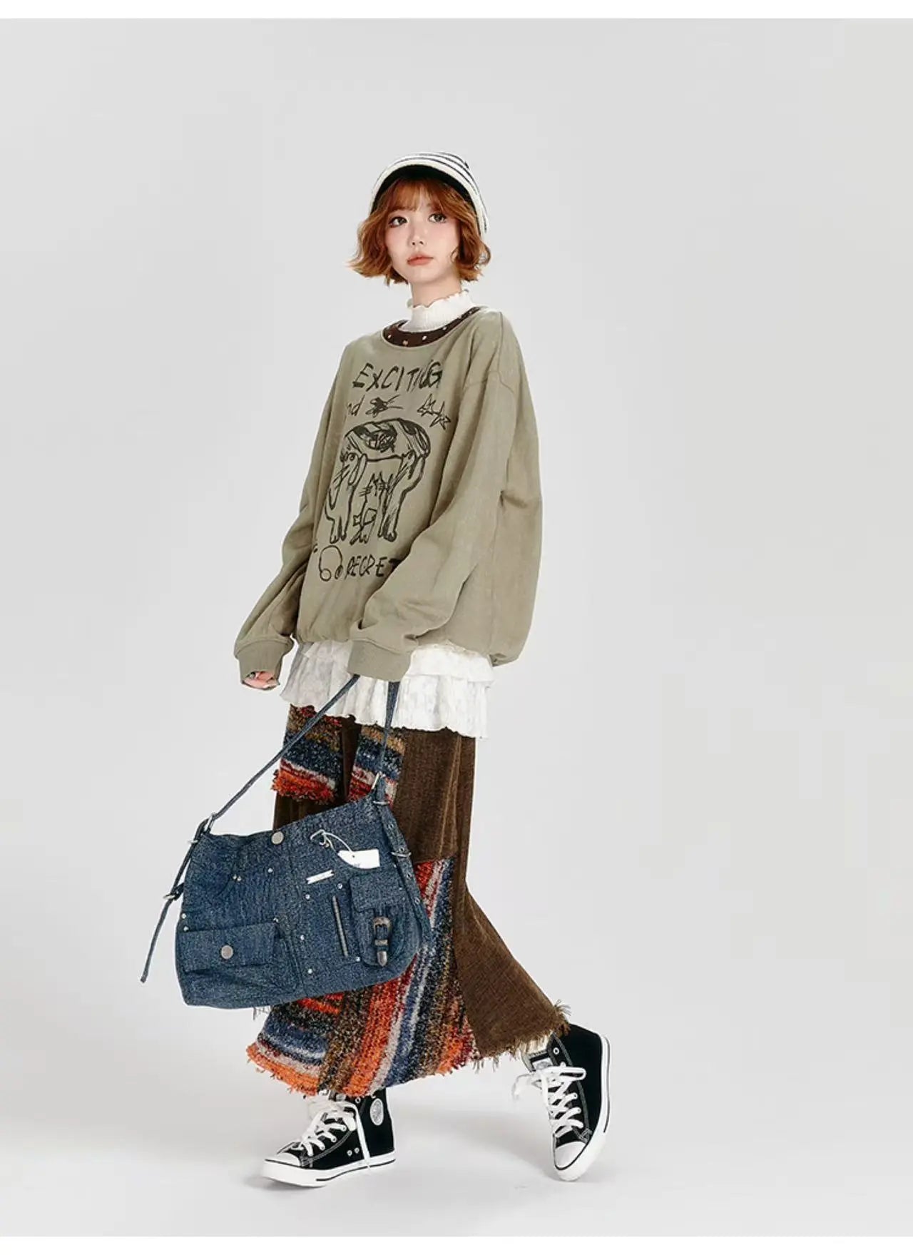 Color Sand × Retro Contrast Irregular Midi Skirt    OL1910