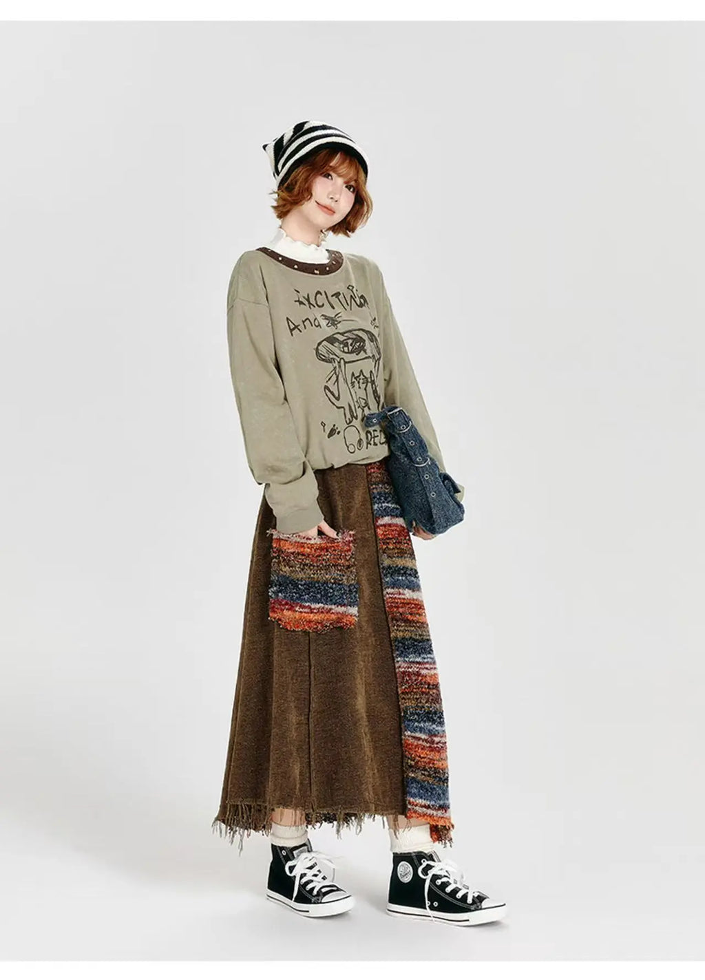 Color Sand × Retro Contrast Irregular Midi Skirt    OL1910