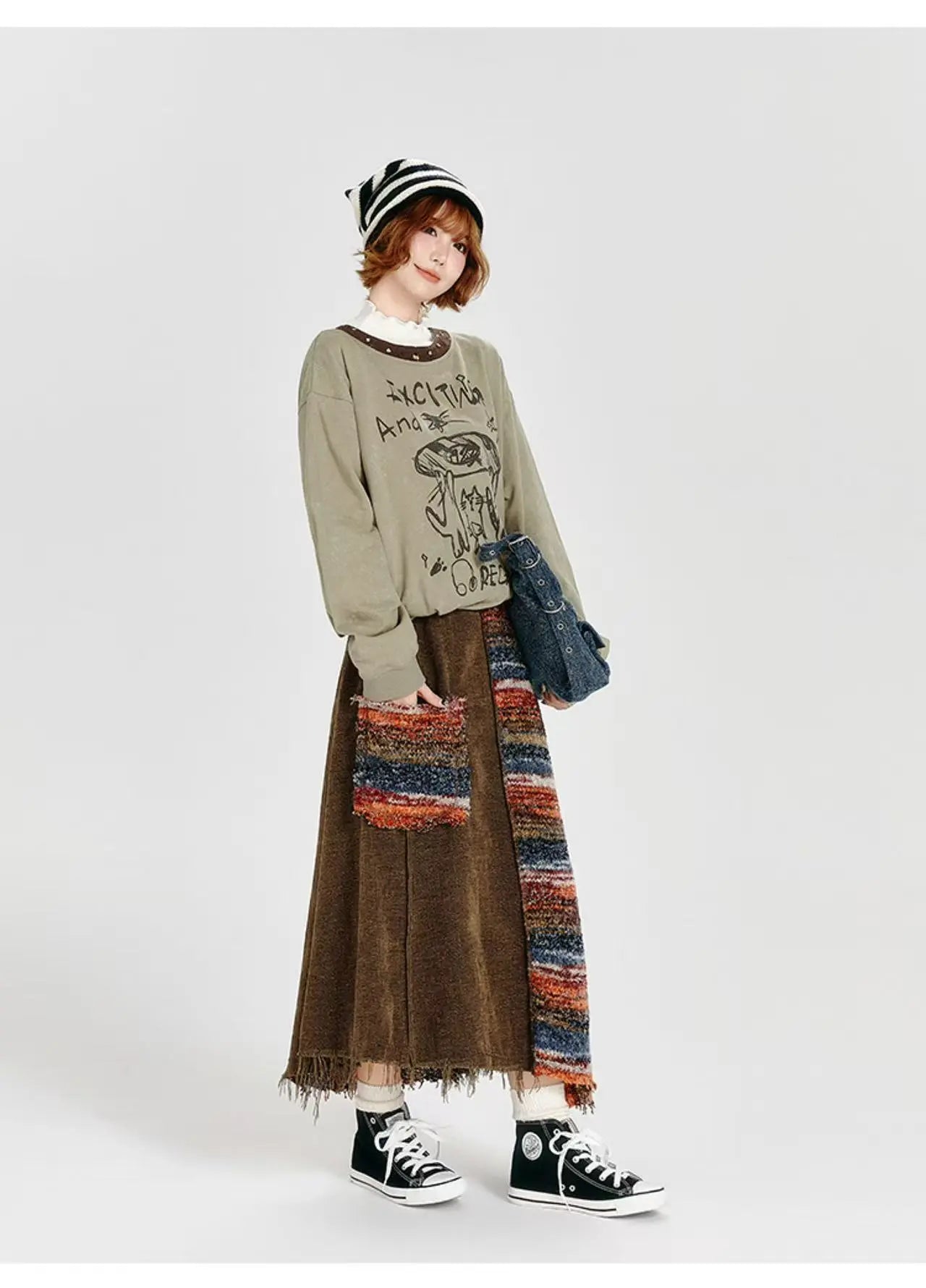 Color Sand × Retro Contrast Irregular Midi Skirt    OL1910