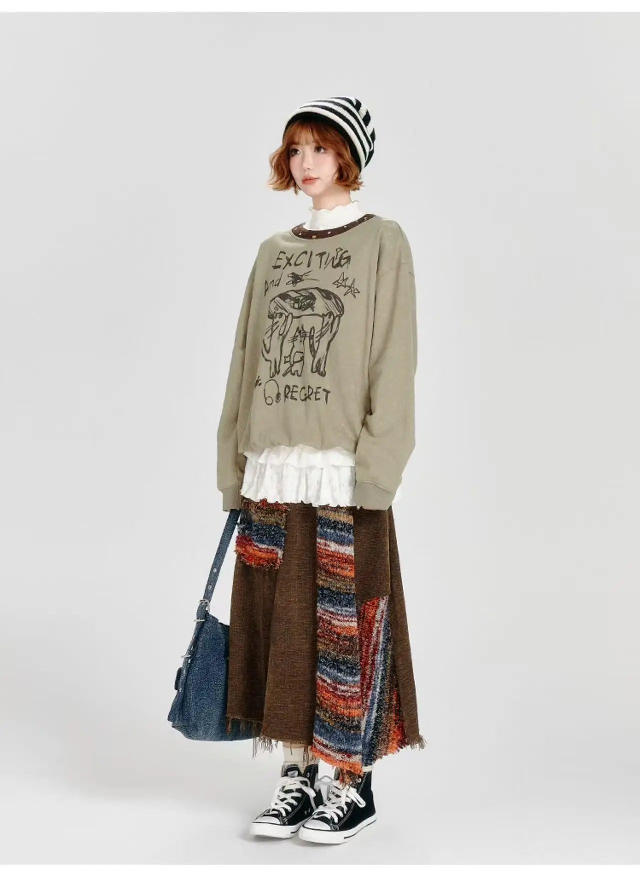 Color Sand × Retro Contrast Irregular Midi Skirt    OL1910