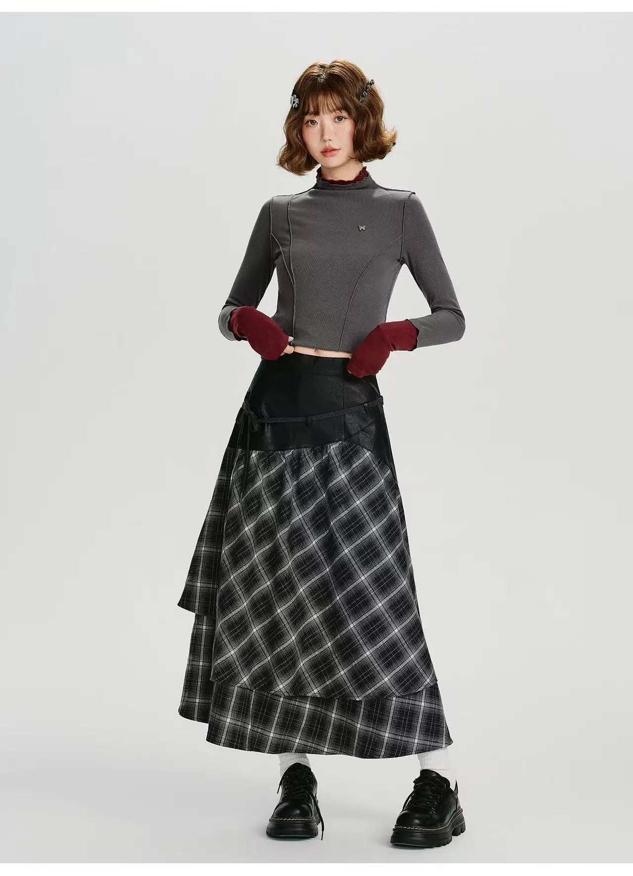 Double Layer Check A-Line Skirt    OL1911