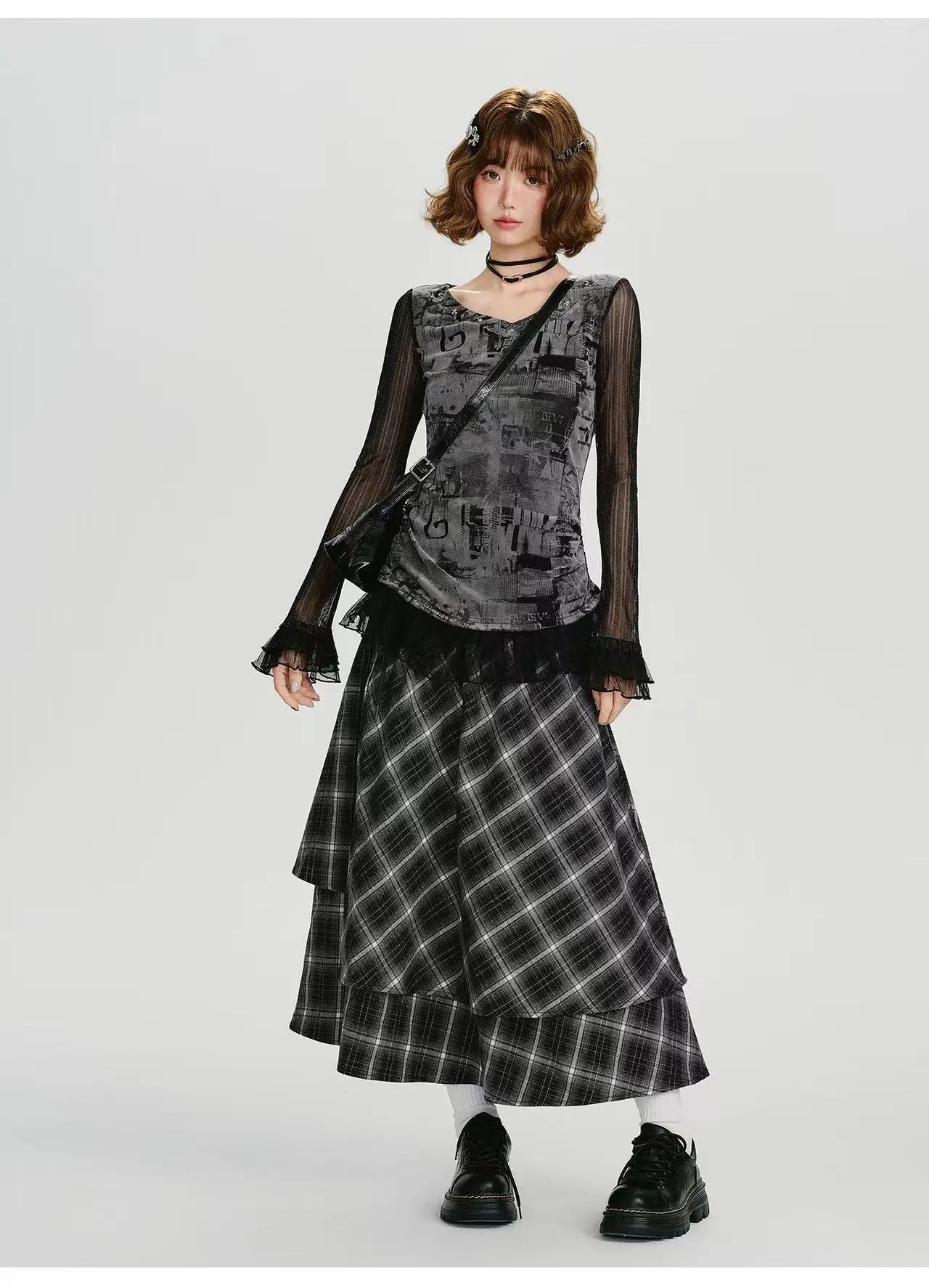 Double Layer Check A-Line Skirt    OL1911