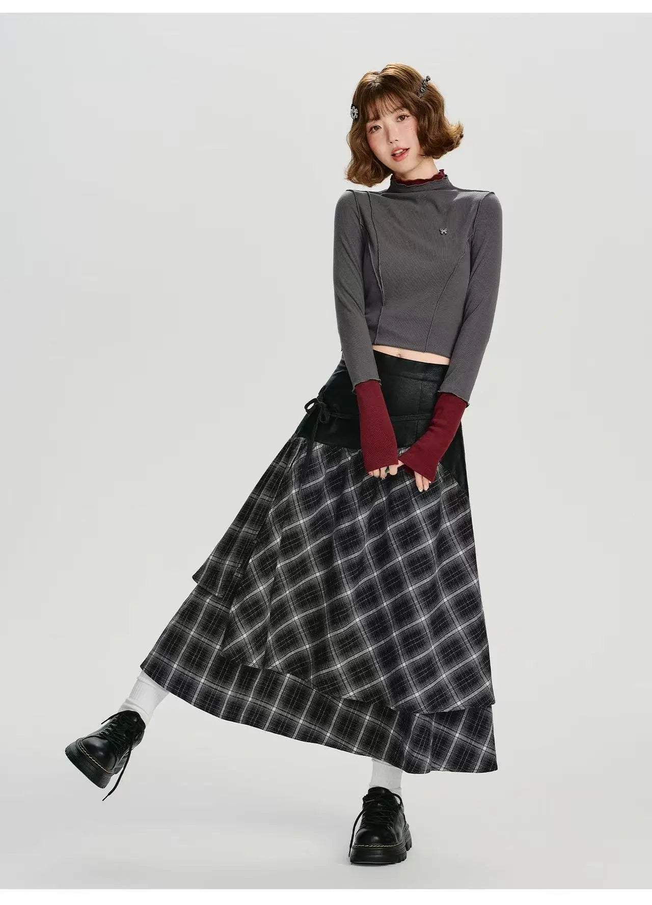 Double Layer Check A-Line Skirt    OL1911