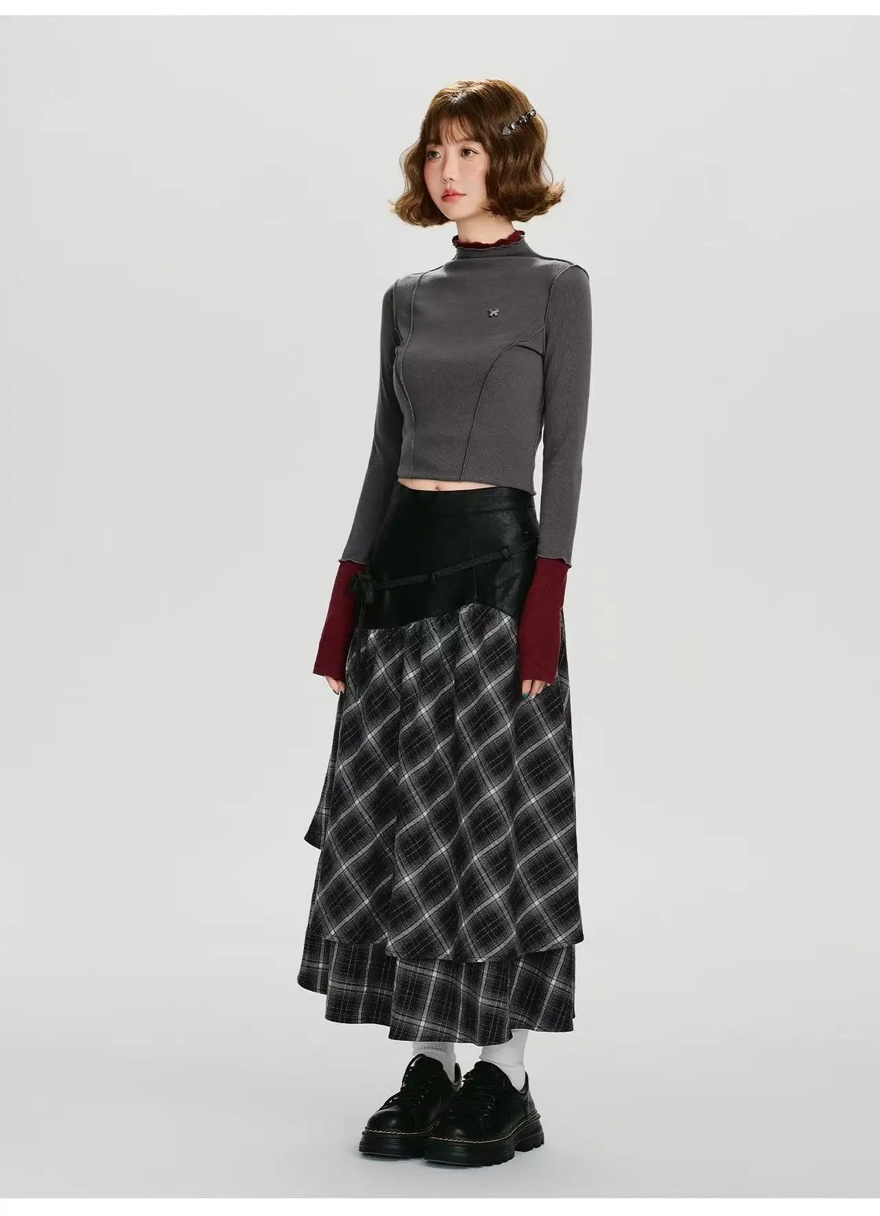 Double Layer Check A-Line Skirt    OL1911