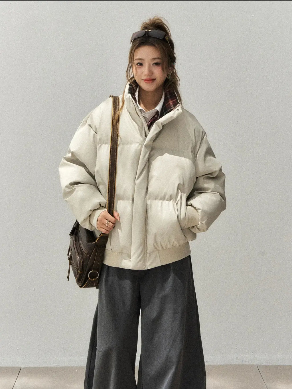 PUレザー×チェック切り替えスタンドカラージャケット    OL1913