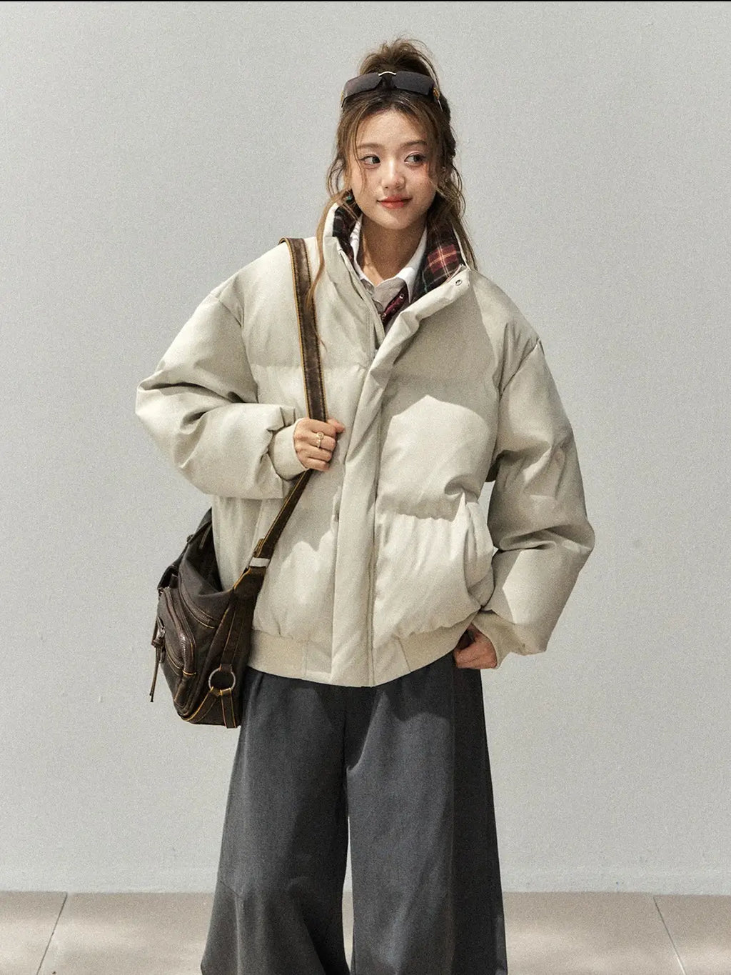 PU Leather × Check Contrast Stand Collar Jacket    OL1913