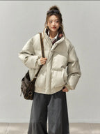 PU Leather × Check Contrast Stand Collar Jacket    OL1913