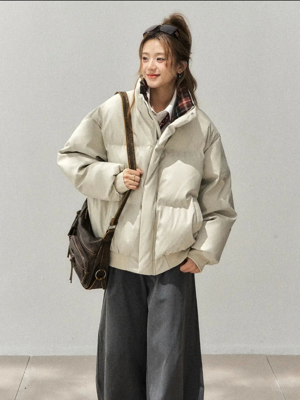 PU Leather × Check Contrast Stand Collar Jacket    OL1913