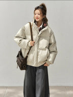 PU Leather × Check Contrast Stand Collar Jacket    OL1913