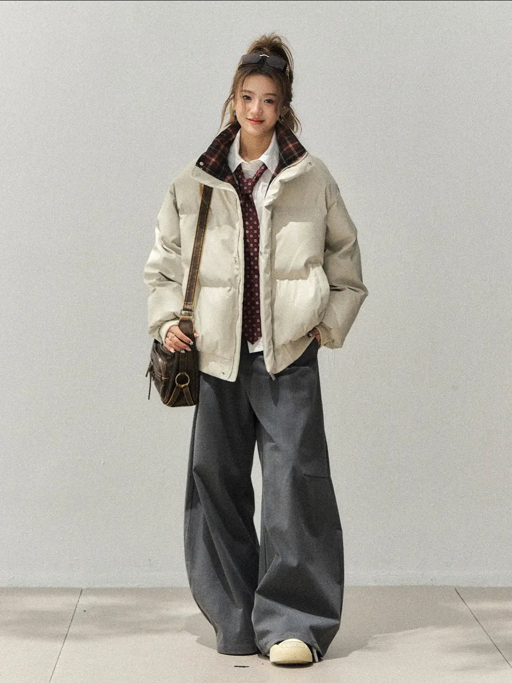 PU Leather × Check Contrast Stand Collar Jacket    OL1913