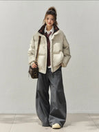 PU Leather × Check Contrast Stand Collar Jacket    OL1913