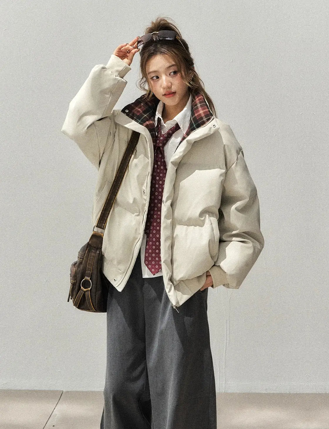 PUレザー×チェック切り替えスタンドカラージャケット    OL1913