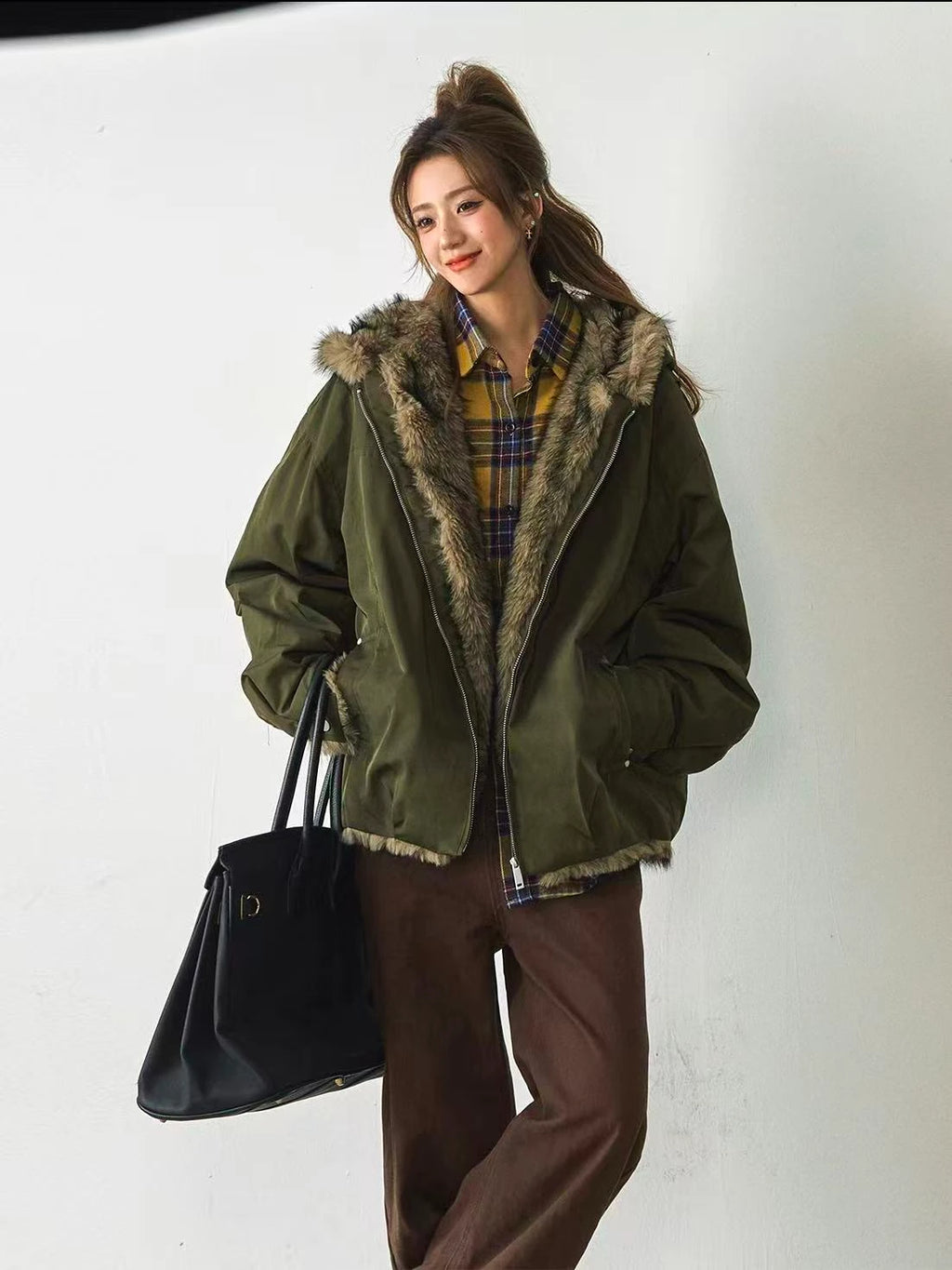 Volume Faux Fur Hooded Parka Coat    OL1915