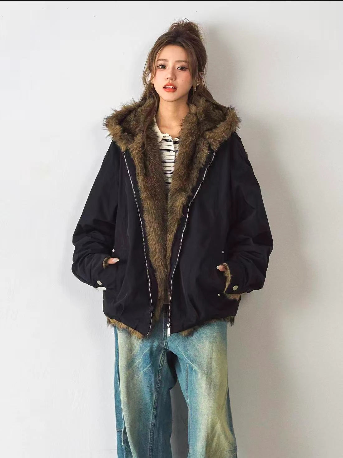 Volume Faux Fur Hooded Parka Coat    OL1915