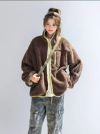 Stand Collar Contrast Fleece Jacket   OL1916