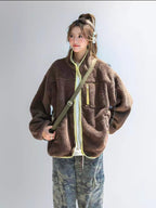 Stand Collar Contrast Fleece Jacket   OL1916