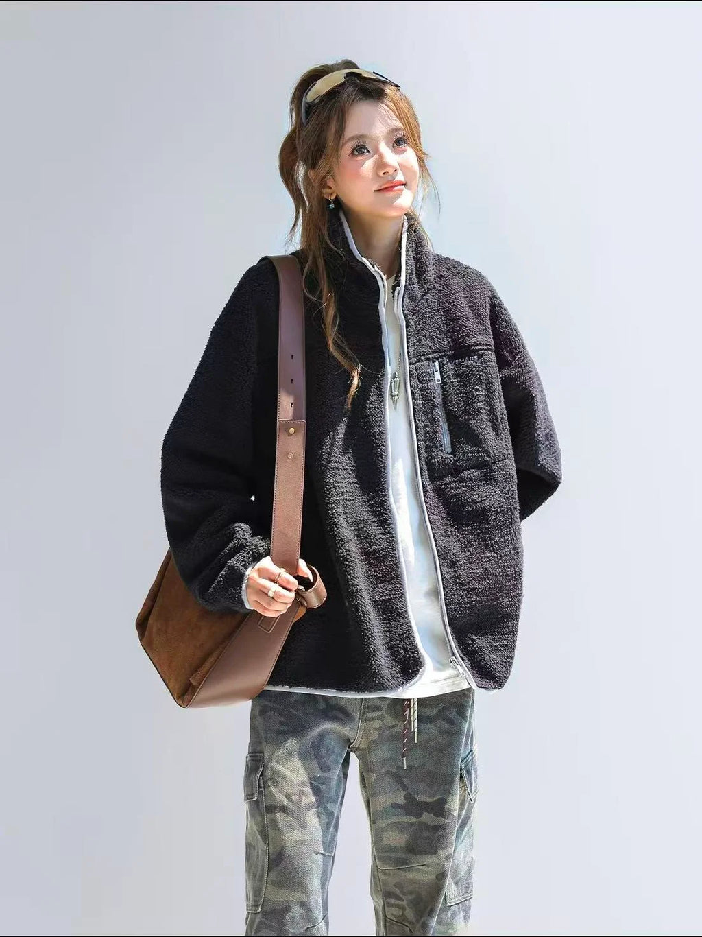 Stand Collar Contrast Fleece Jacket   OL1916