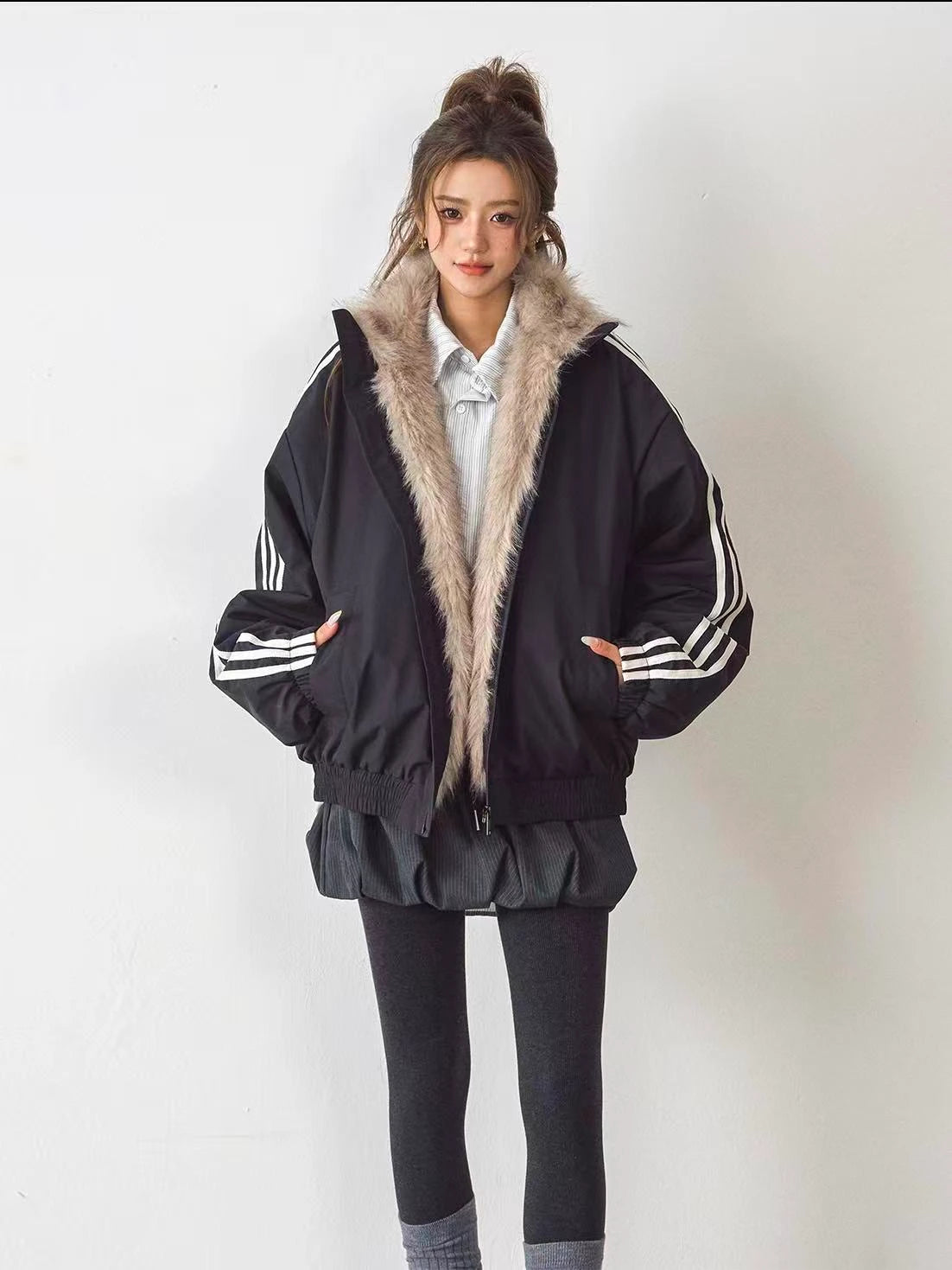 Fur Trim Triple-Stripe Padded Jacket    OL1917