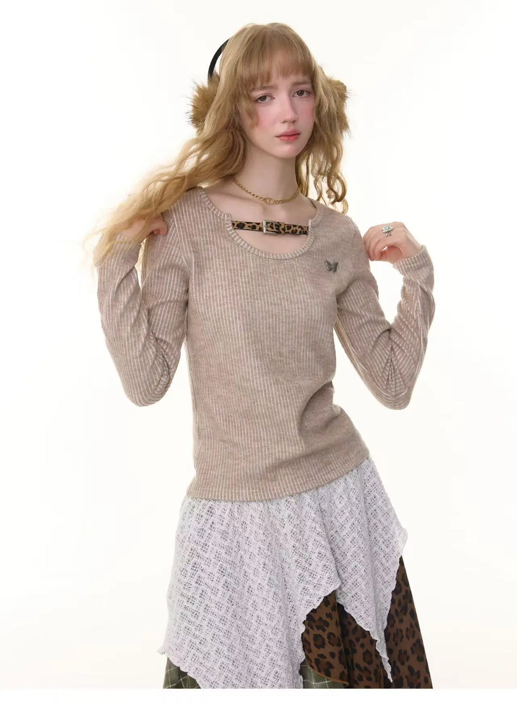 レオパードアクセント デザインリブトップス    OL1922