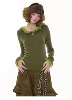 Faux Fur Trim Slim Rib Top    OL1923