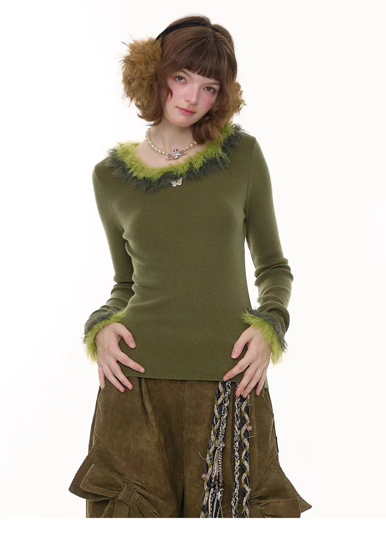 Faux Fur Trim Slim Rib Top    OL1923