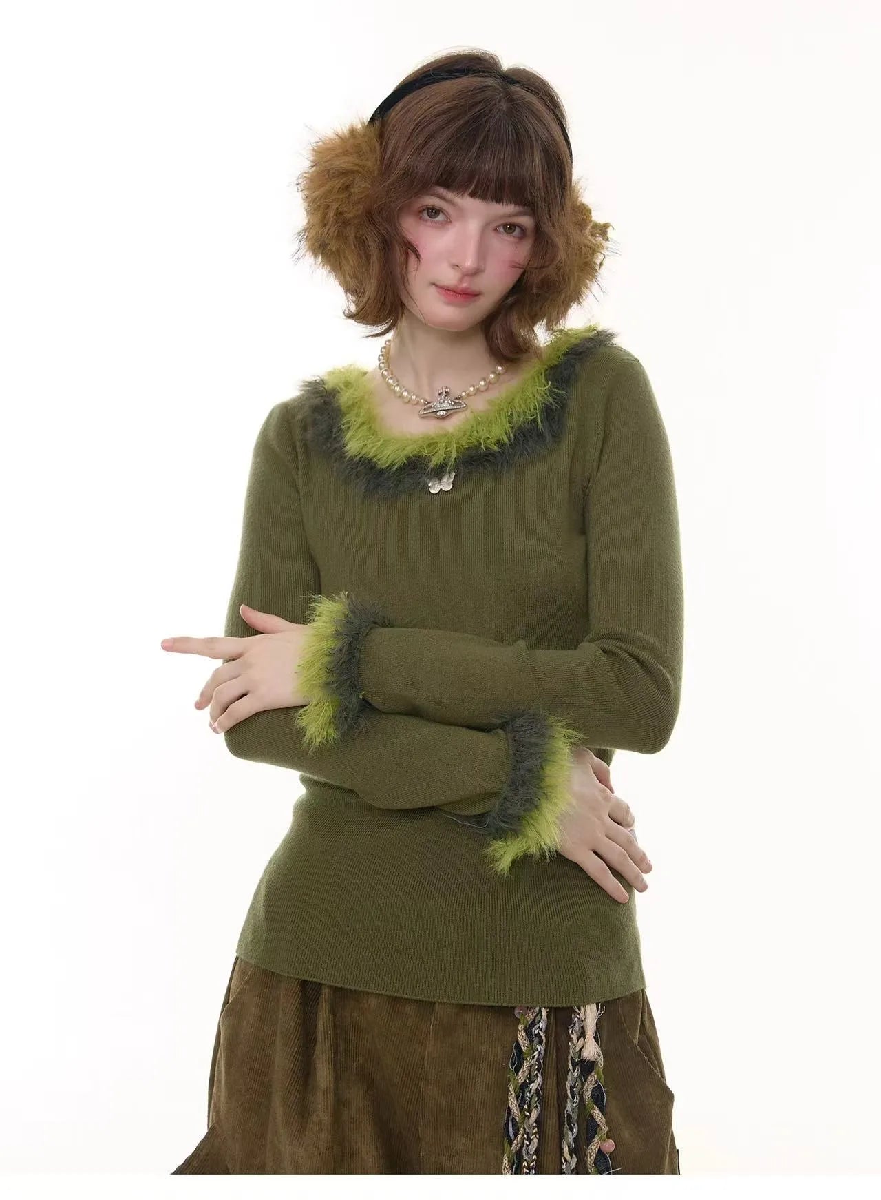 Faux Fur Trim Slim Rib Top    OL1923