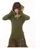 Faux Fur Trim Slim Rib Top    OL1923