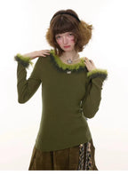 Faux Fur Trim Slim Rib Top    OL1923