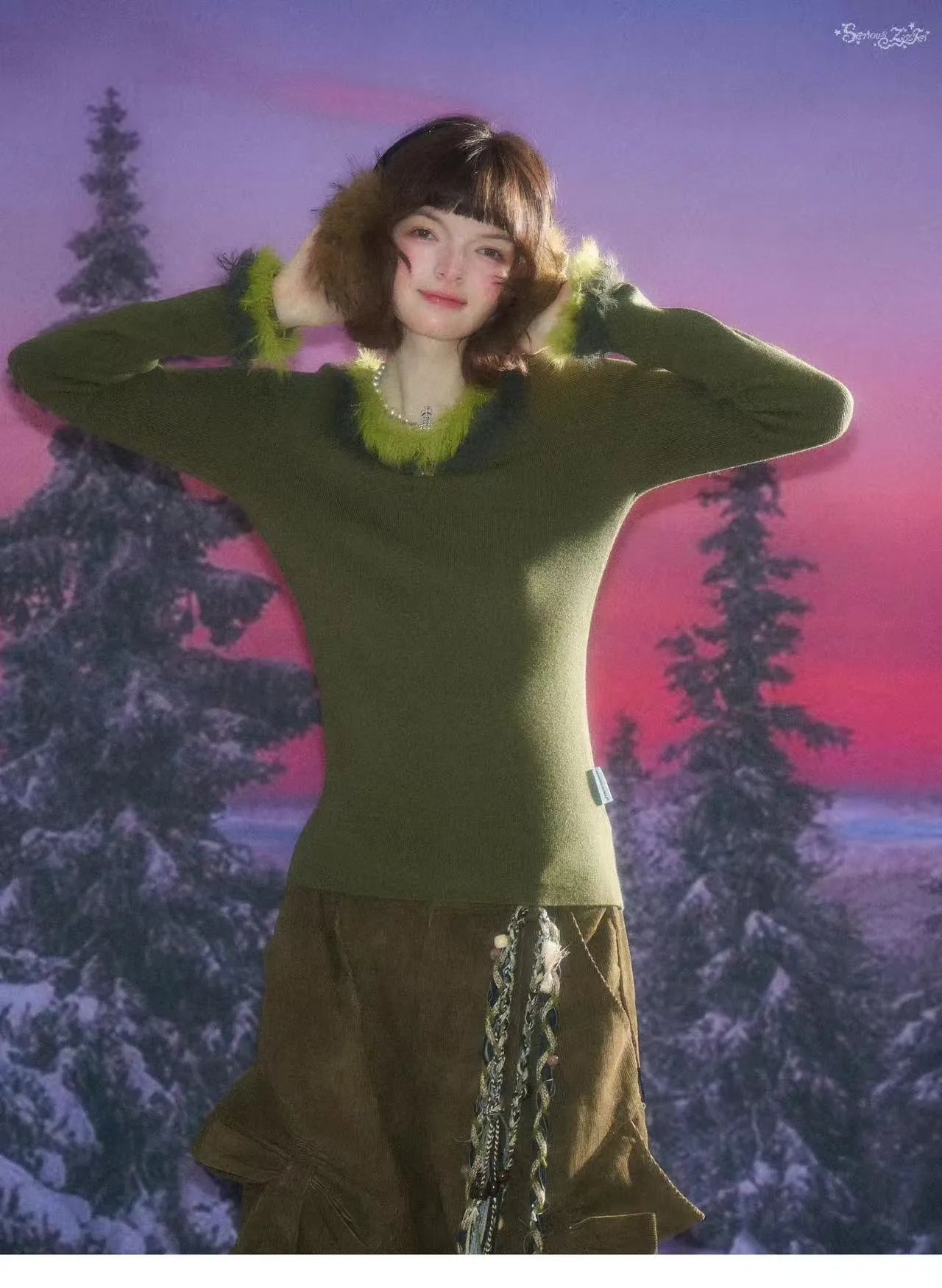 Faux Fur Trim Slim Rib Top    OL1923