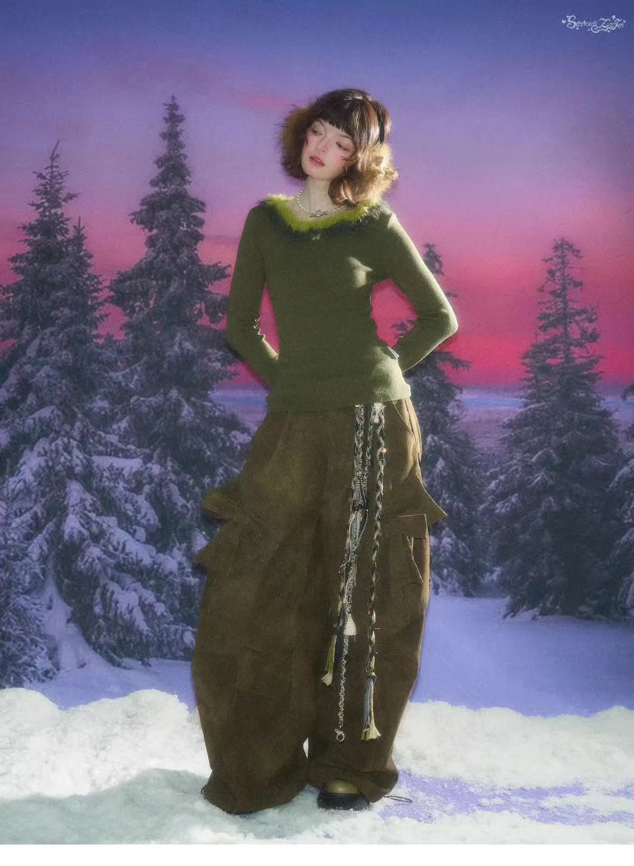 Faux Fur Trim Slim Rib Top    OL1923