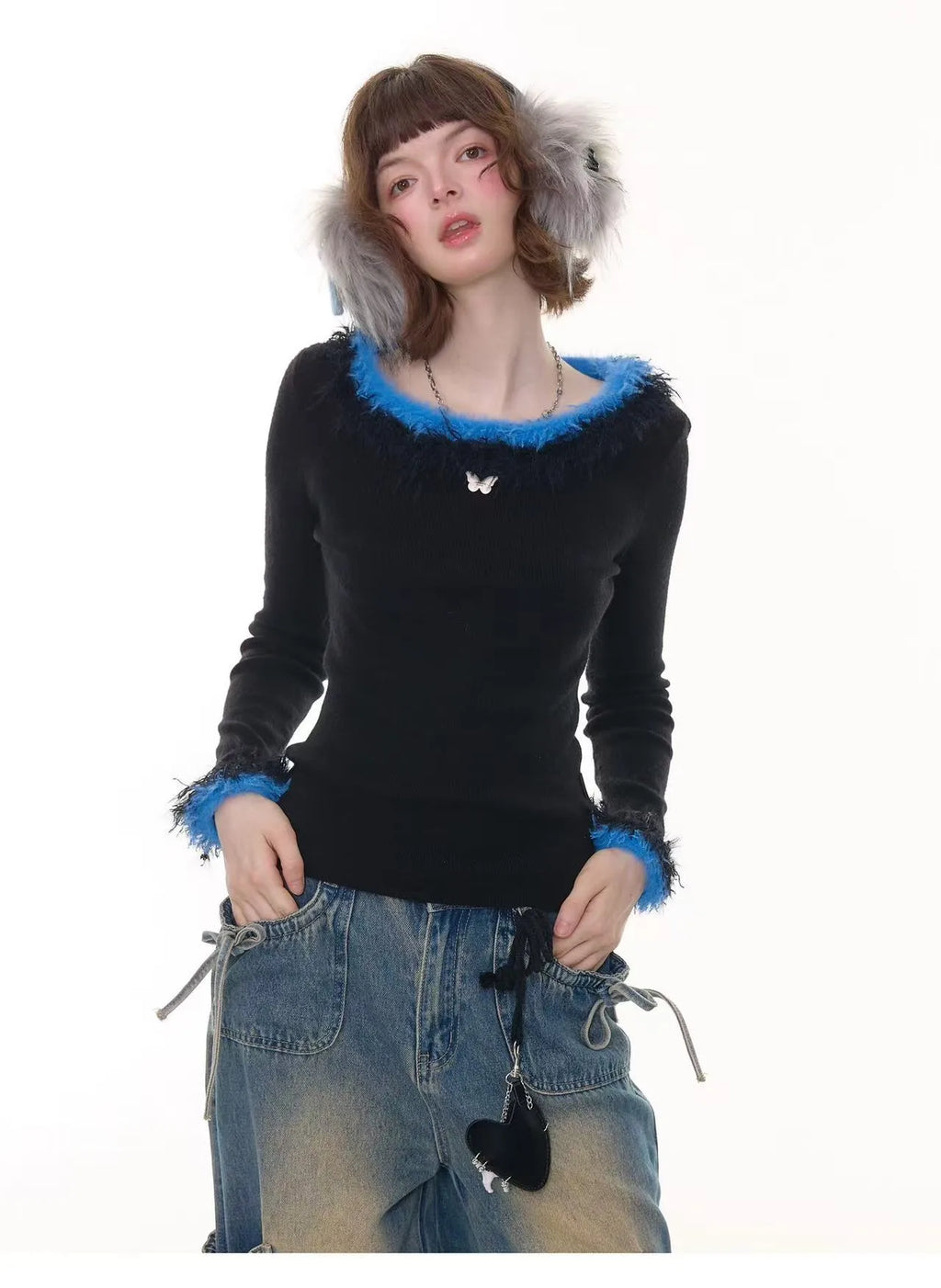 フェイクファー付きスリムリブトップス    OL1923