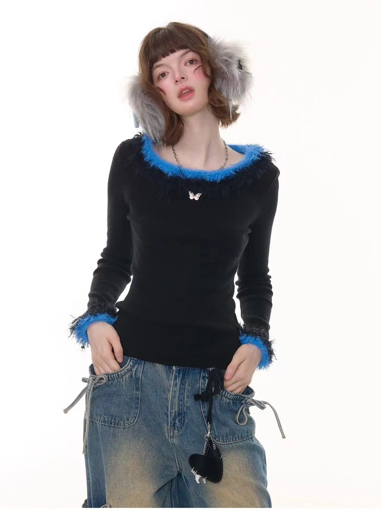 フェイクファー付きスリムリブトップス    OL1923