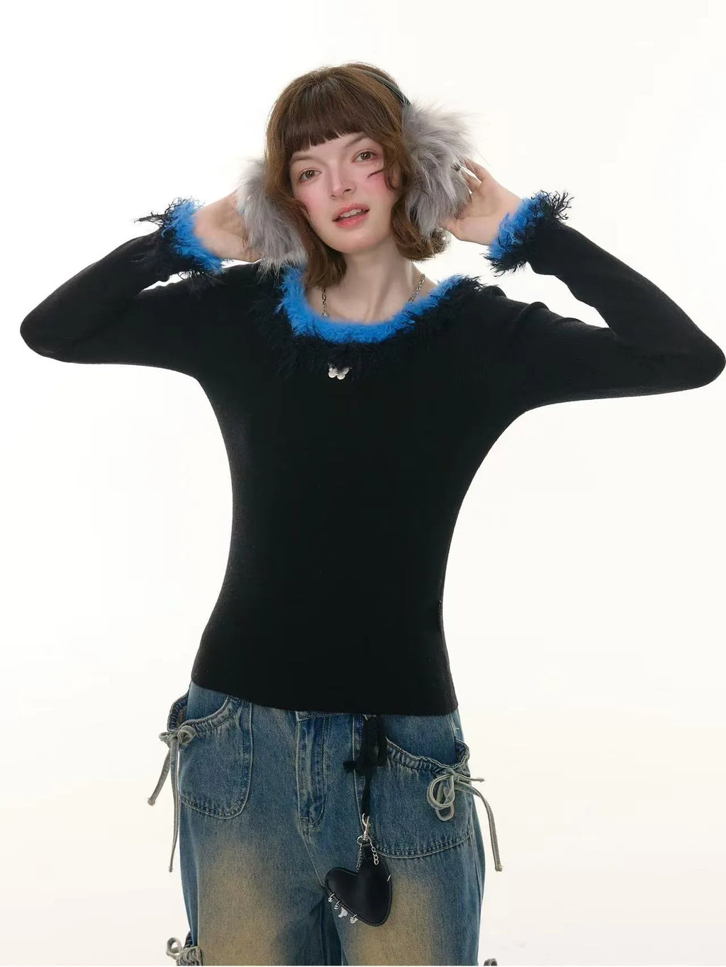 フェイクファー付きスリムリブトップス    OL1923
