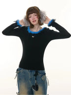 フェイクファー付きスリムリブトップス    OL1923