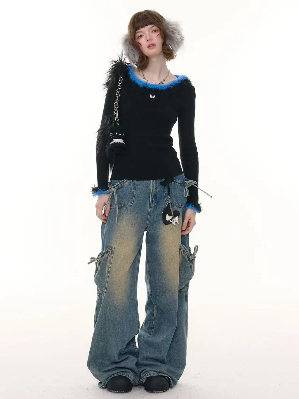 Faux Fur Trim Slim Rib Top    OL1923