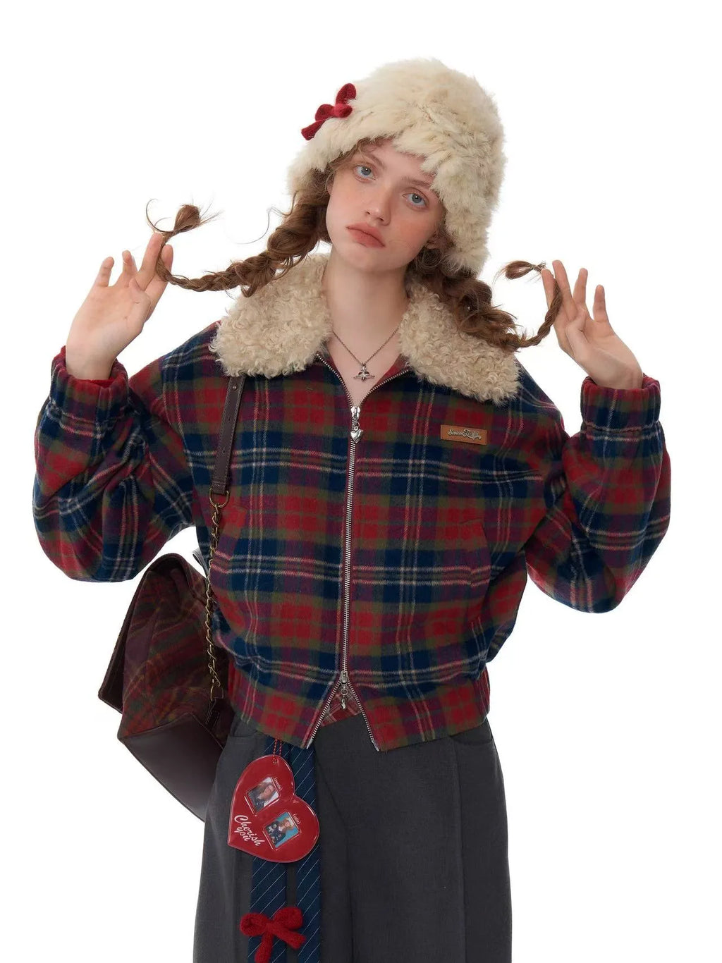 レトロムードの赤×青チェックショートアウター    OL1925