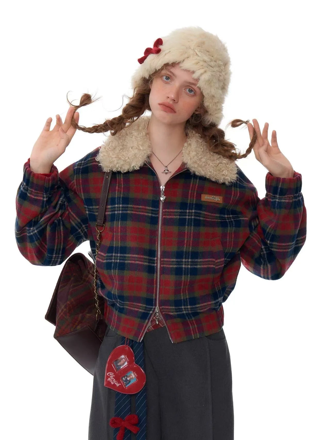 レトロムードの赤×青チェックショートアウター    OL1925