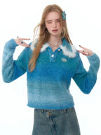 ふわふわグラデーションPoloニットブルー    OL1926