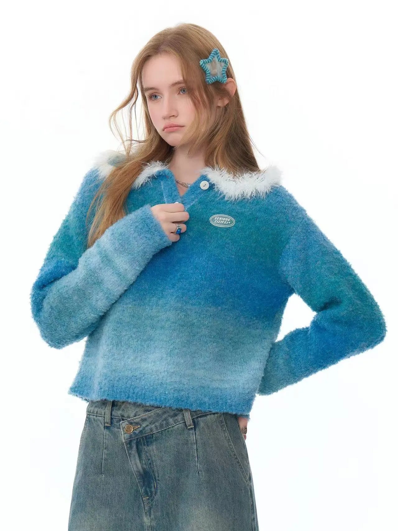 ふわふわグラデーションPoloニットブルー    OL1926