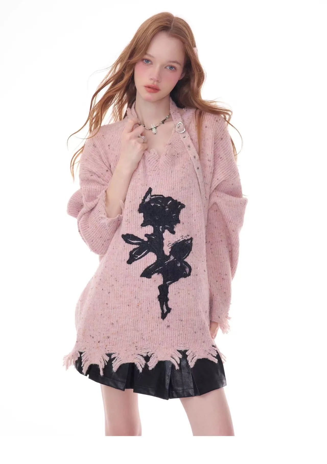 Rose Embroidered V-Neck Knit    OL1928