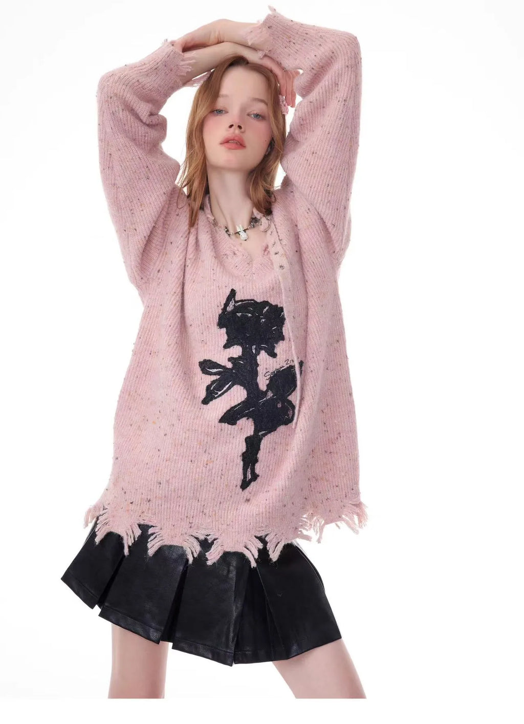 Rose Embroidered V-Neck Knit    OL1928