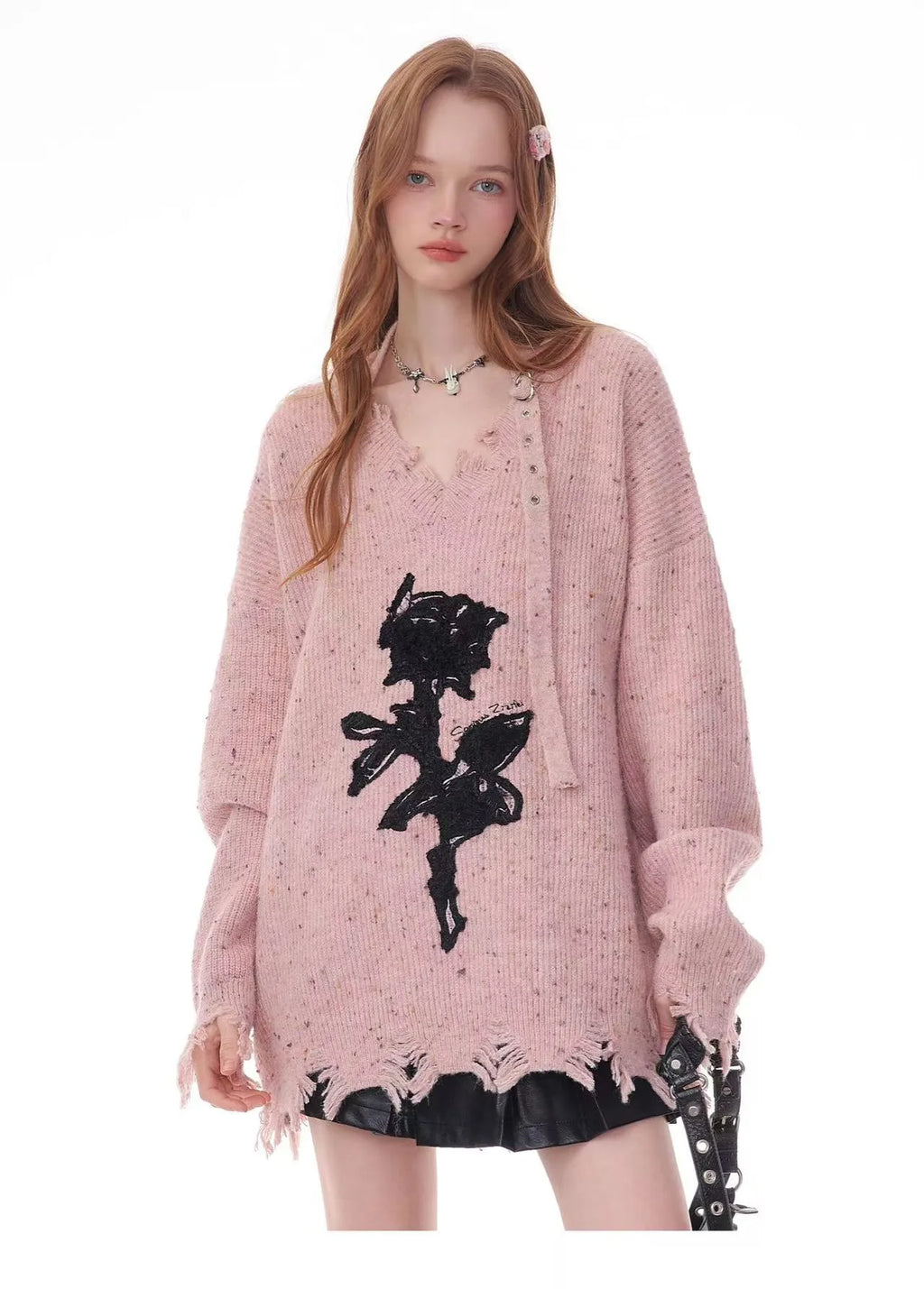 Rose Embroidered V-Neck Knit    OL1928