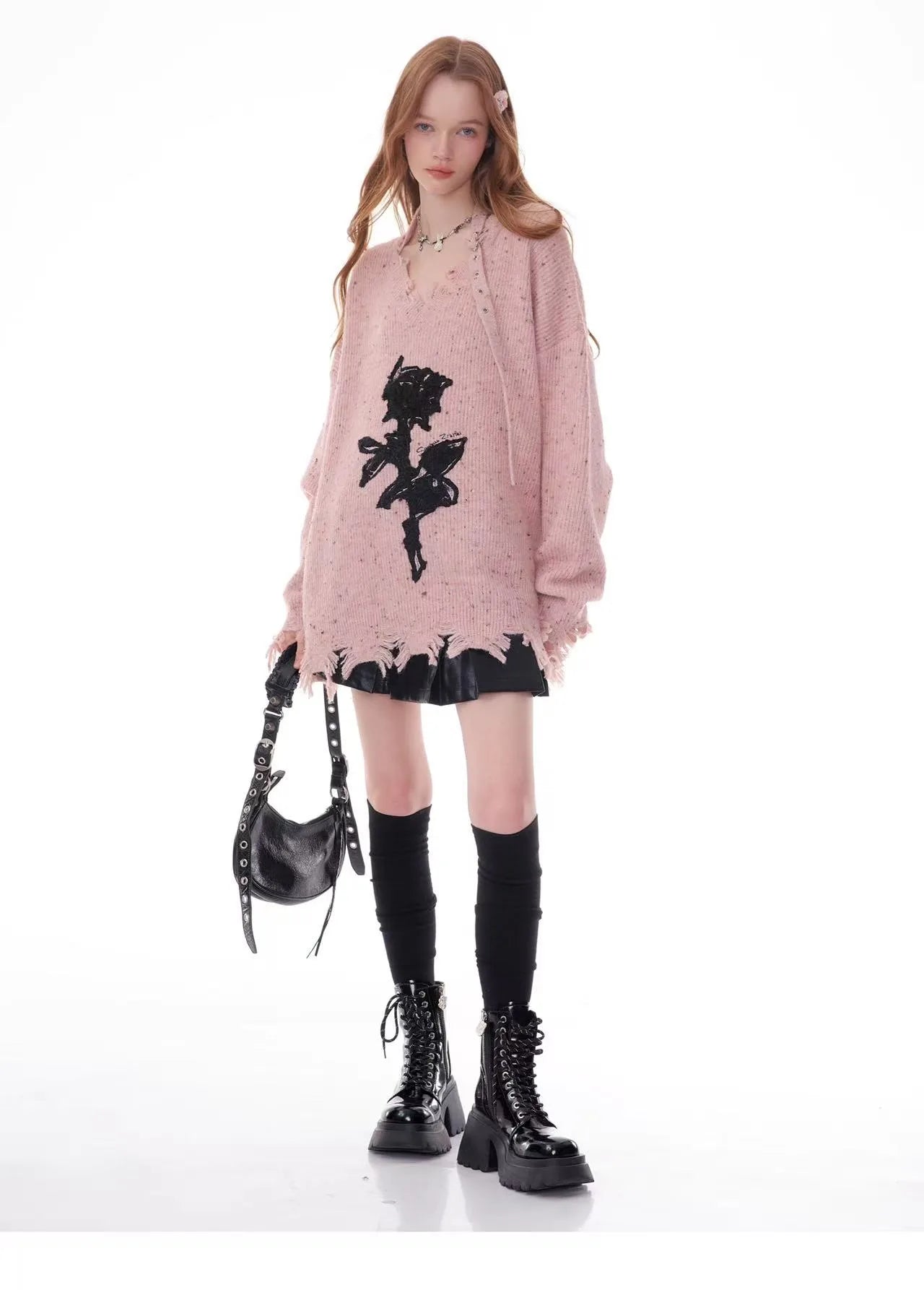 Rose Embroidered V-Neck Knit    OL1928