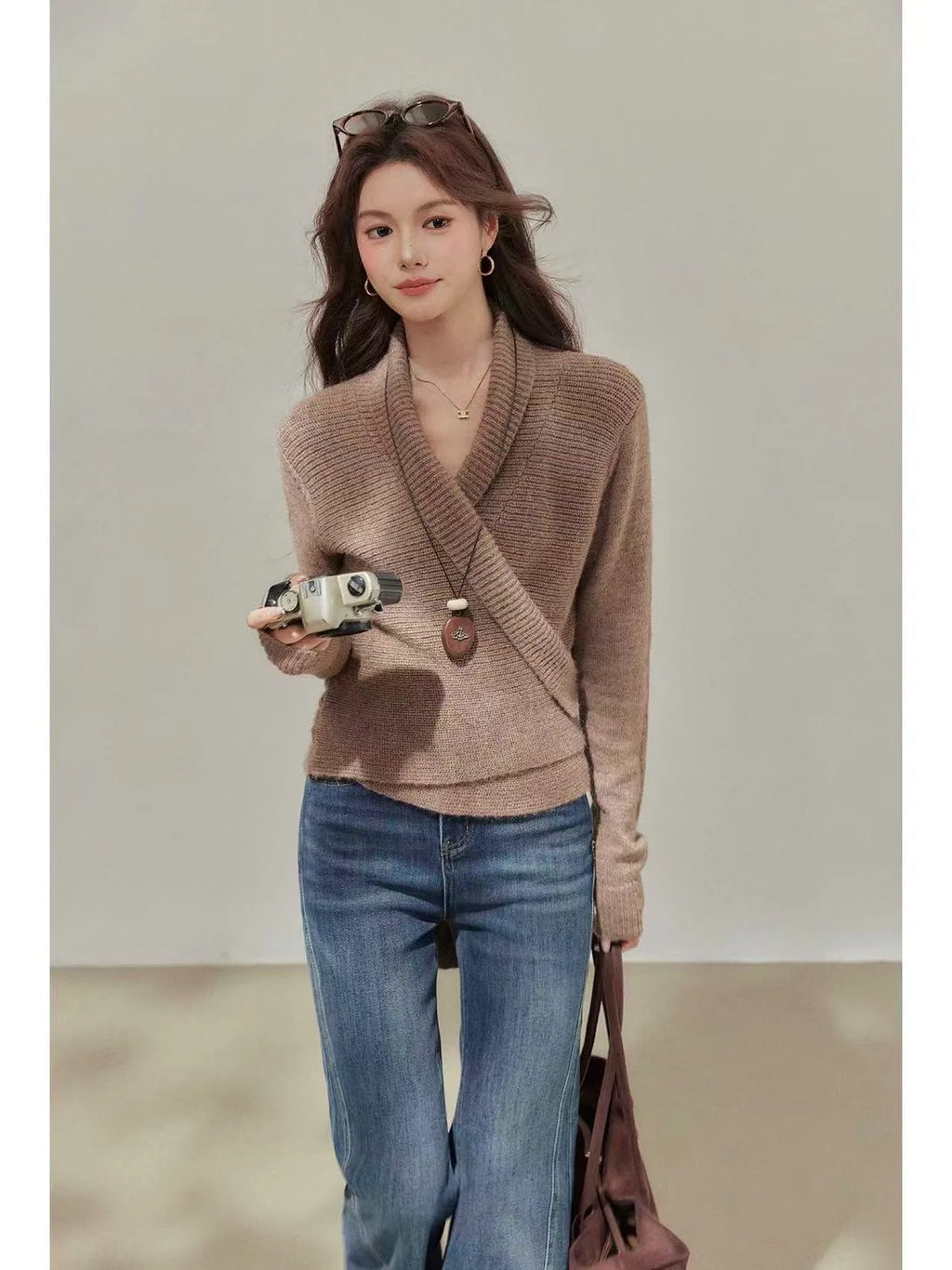 Brown Wrap V-Neck Sweater Cardigan    OL1933