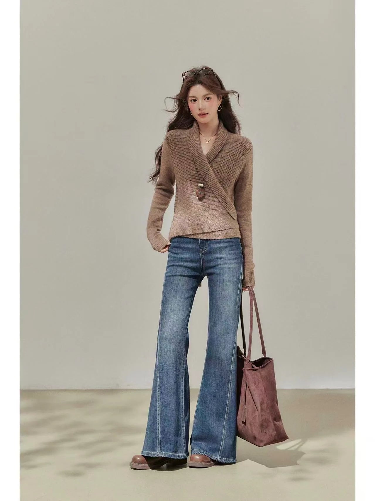 Brown Wrap V-Neck Sweater Cardigan    OL1933